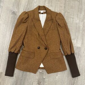Veronica Beard Tweed Double-Breasted Puff-Sleeve Dickey Blazer w/ Rib Cuffs